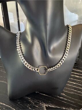 Hexagon Accent Two-Tone Cuban Link Necklace - Gold & Silver